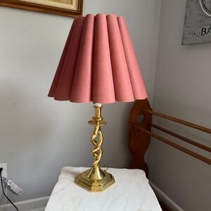 Vintage Brass Double Twist Spiral Table Lamp with Pink Accordion Pleat Shade 30"